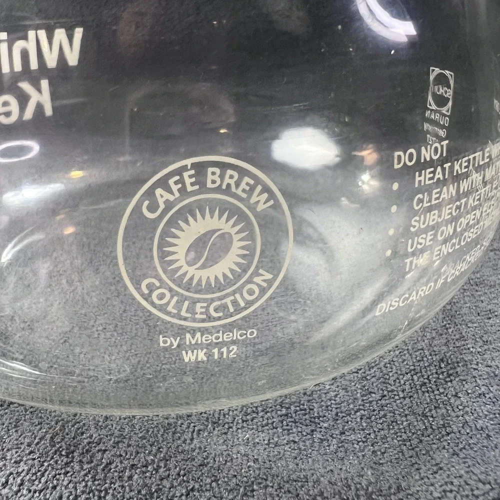 Medelco Cafe Brew Whistling Kettle Schott Duran Glass 12 Cup WK112 Germany Clear